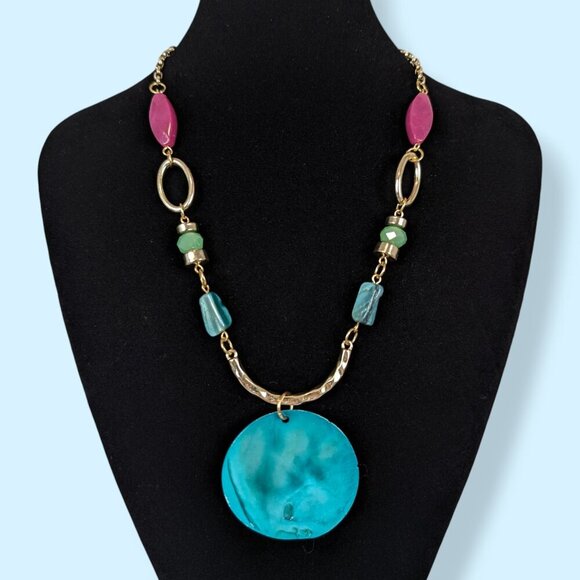 (2/$20) Beaded Blue Shell Pendant Necklace - Picture 1 of 5